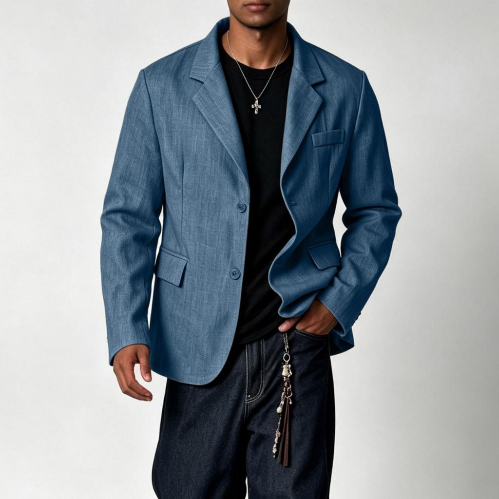 Leichte lässige Herren-Anzugjacke, Vintage-Farbe, einreihig, zwei Knöpfe, mit Leinenstruktur