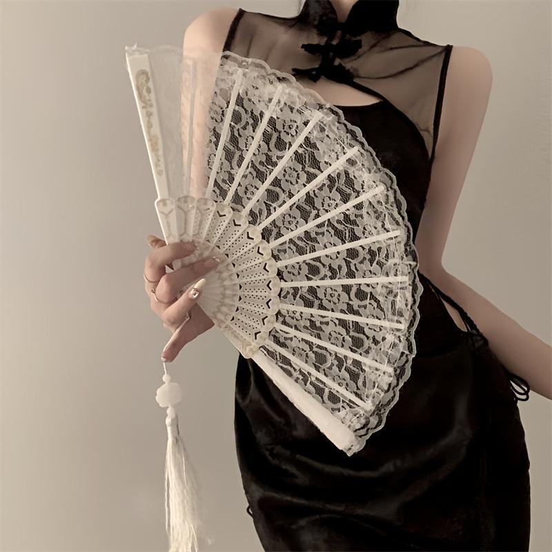 Vintage Chinese Lace Fan - Floral Pattern Black & Golden Tassel Handheld Cooling Fan, Photo Props, Summer Fashion Accessory