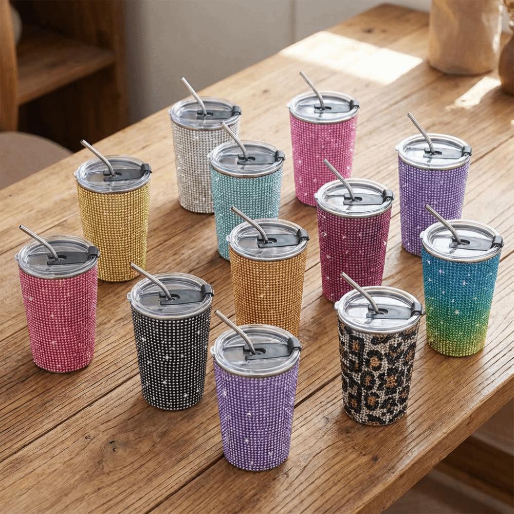 Bling Glitter Coffee Mug 500ml Stainless Steel Water Bottle Durable Rhinestone Water Cup Girl