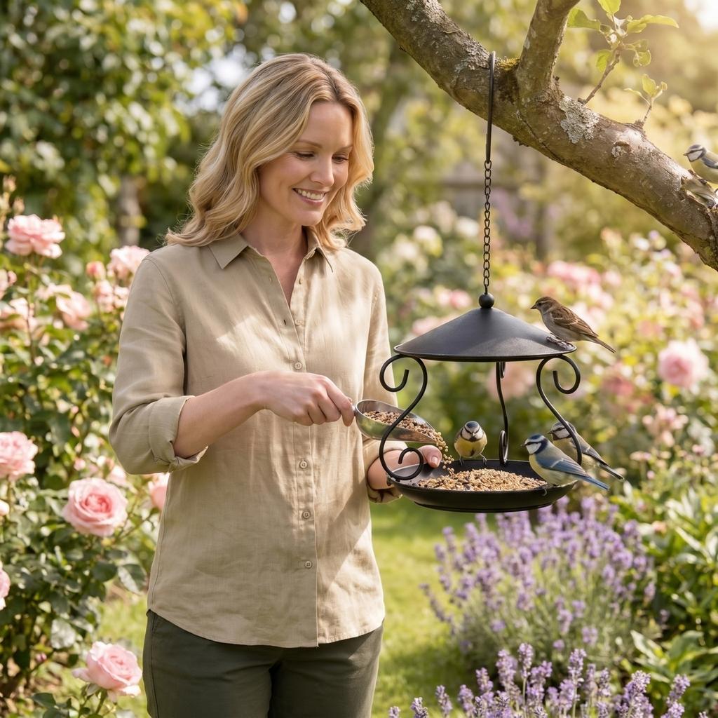 Outdoor Hanging Metal Bird Feeder with Circular Tray and Protective Roof for Garden Balcony Yard Automatic Feeding Station