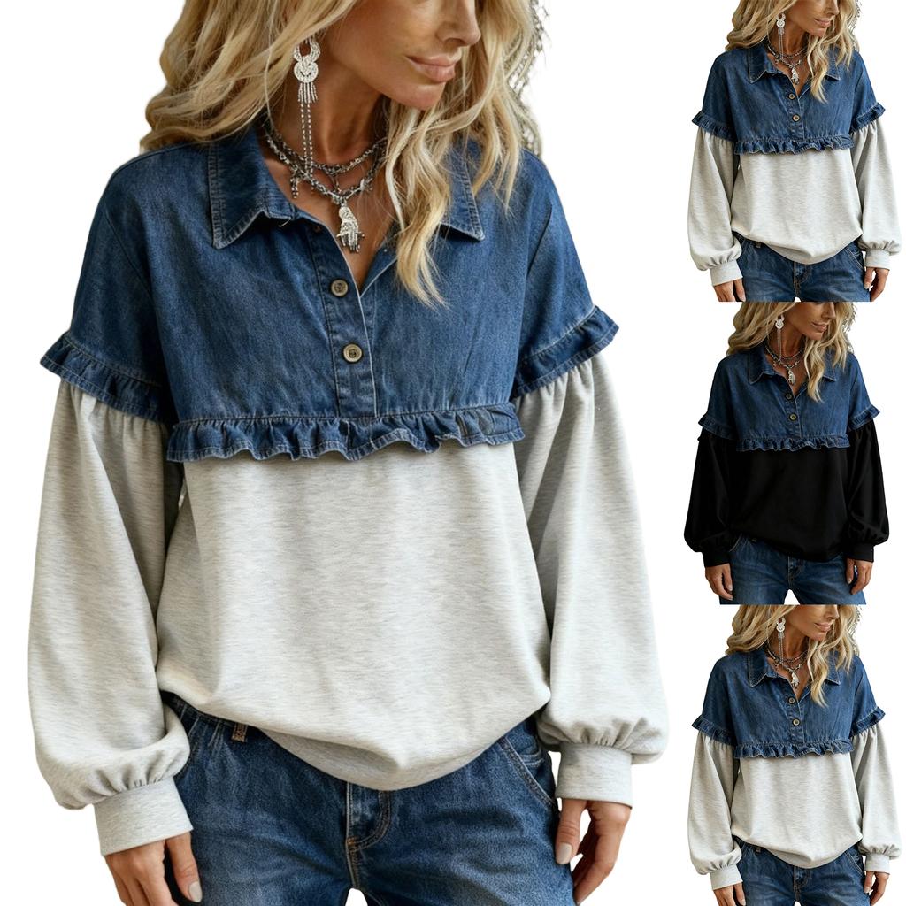 Felpa in Denim Patchwork da Donna Taglie Forti, Vestibilità Larga, Manica Lunga, per Uso Casual