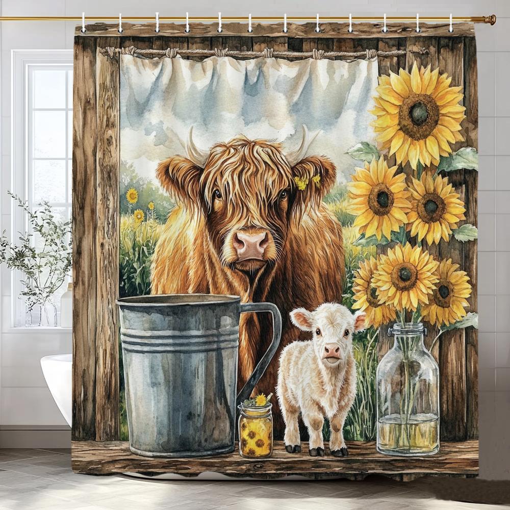 

Cute Highland Cow Shower Curtain,Farmhouse Rustic Cow Animal Floral Bathroom Curtain,Decorative Fabric Home Curtain With Hooks W60H190(CM)-1 Pcs