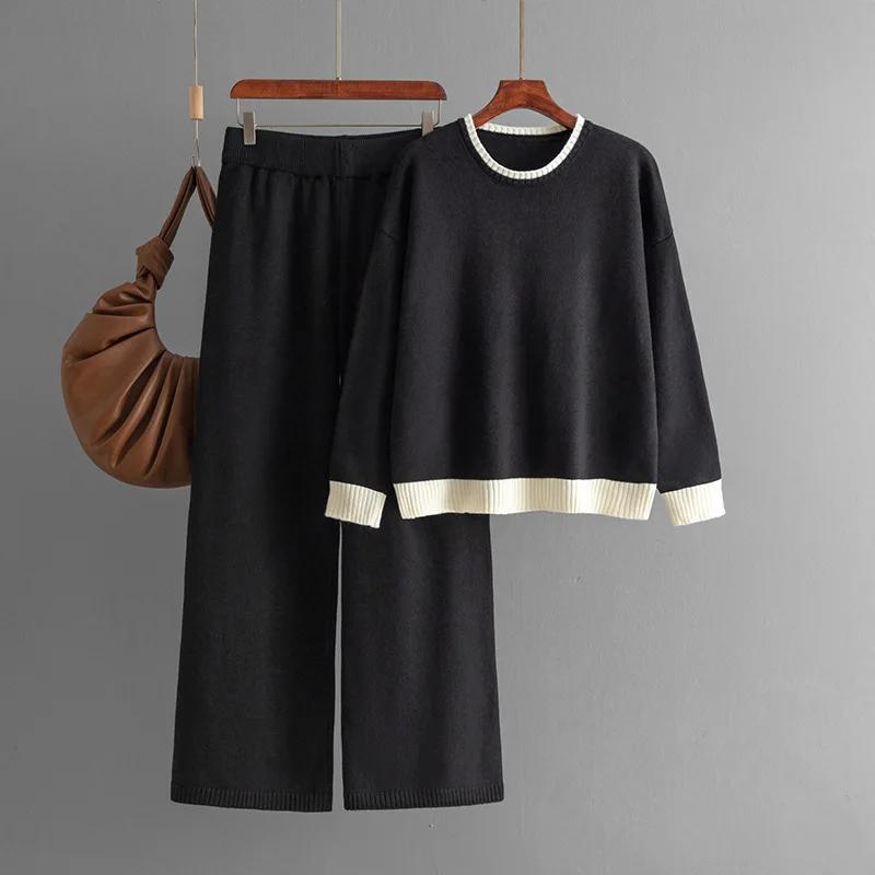 Europe America 2024 Autumn Winter New Contrasting Color Round Neck Knitted Sweater Wide Leg Pants 2 Piece Sets Womens Outfits
