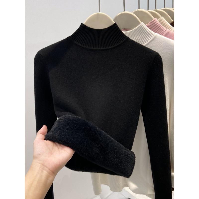 One-piece Fleece Turtleneck Knitted Sweater Women's Winter Solid Color Fleece Thickened Primer Sweater Soft Waxy Basic Inner Top