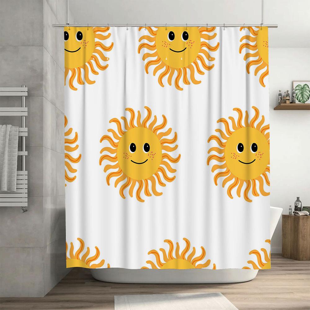 Bright Sunflower Shower Curtain White Bath Decor For Kids Room Waterproof Fabric Printed With Smiling Faces Perfect Gift For Mot