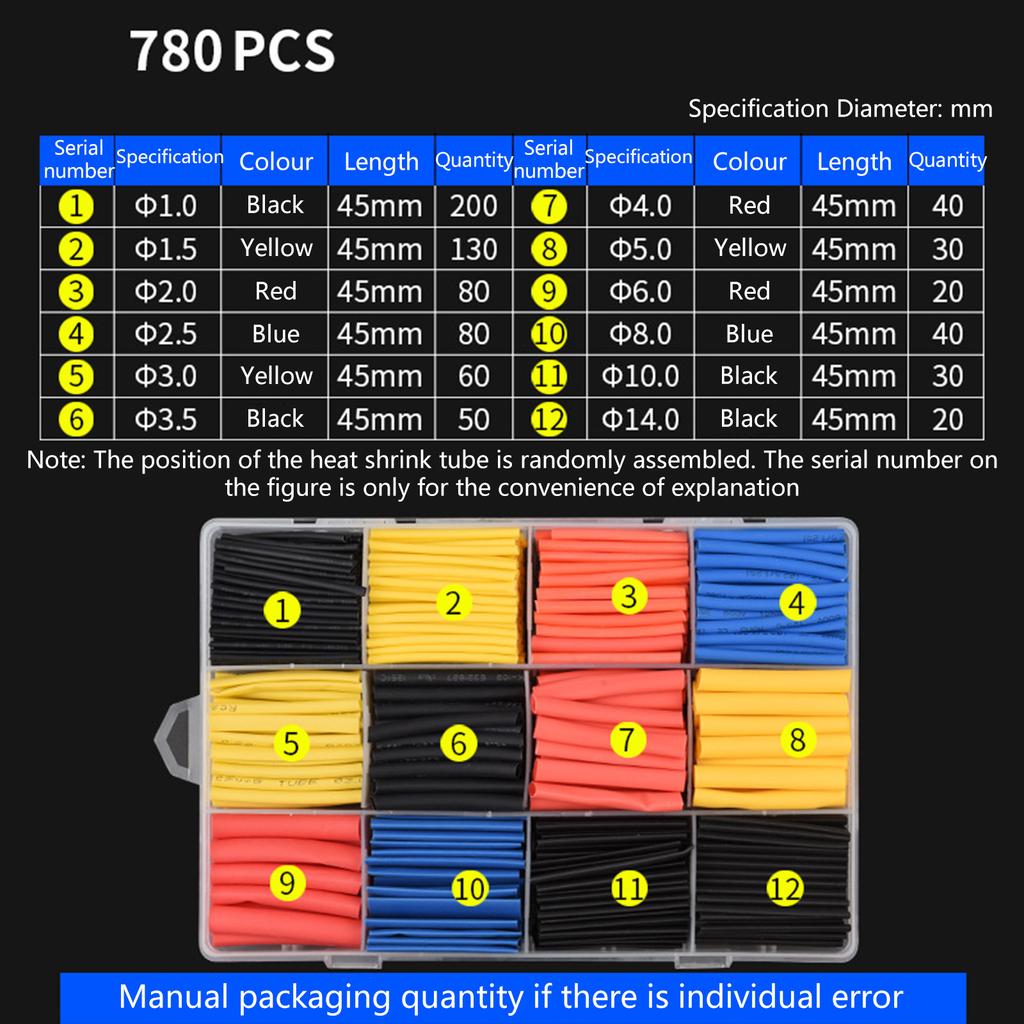 750/780/800pcs Electric Insulation Heat Shrink Tube Insulation Sleeving Electrical Wire Cable Wrap 2:1 Shrink Ratio