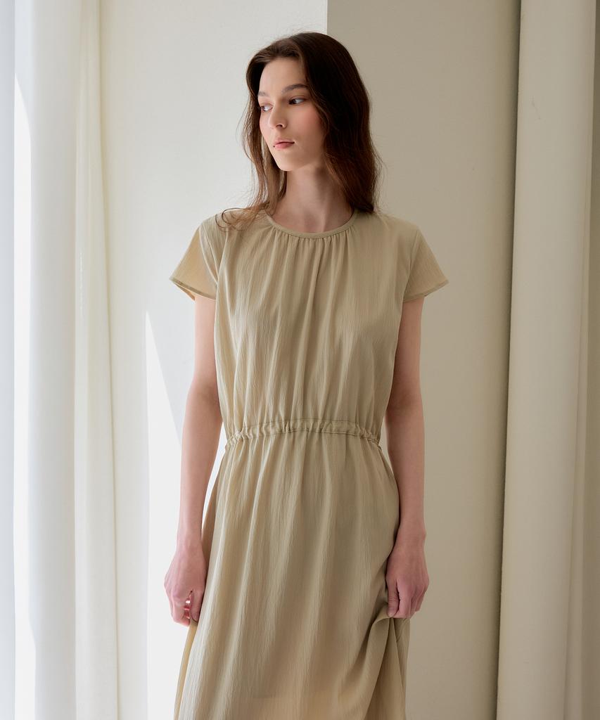 The Ello Shirred Short Sleeve Dress (Beige)
