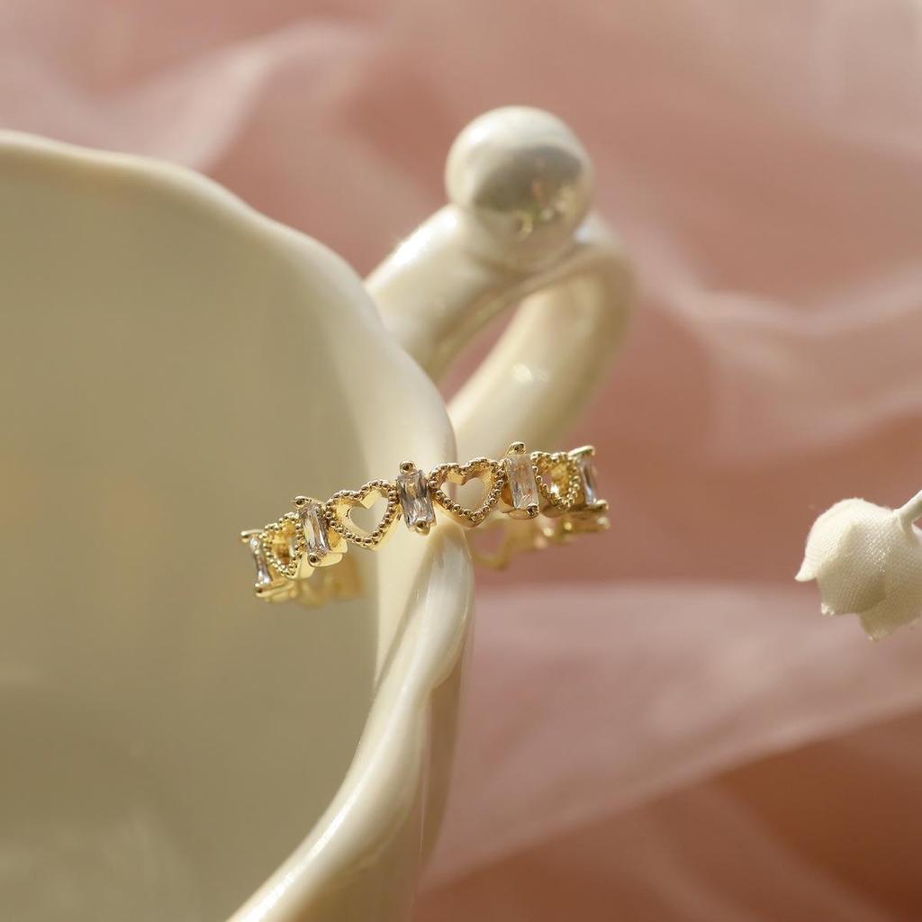 French Retro Design Heart & Square Diamond Open Ring, Gold-Plated s925 Sterling Silver