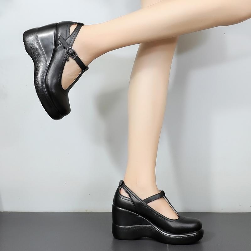 Fashion GKTINOO T-Strap Genuine Leather Wedges Shoes for Women 2025 High Heels Shoes Office Ladies Platform Shoes Mother Plus Size 34-43