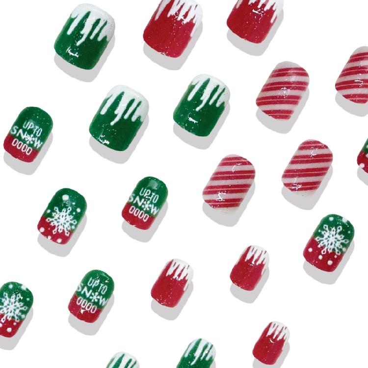 24Pcs Christmas Themed Press on Tips Scintillate Lined Striped Christmas Snowflake Design Short Square Artificial Nail Tips