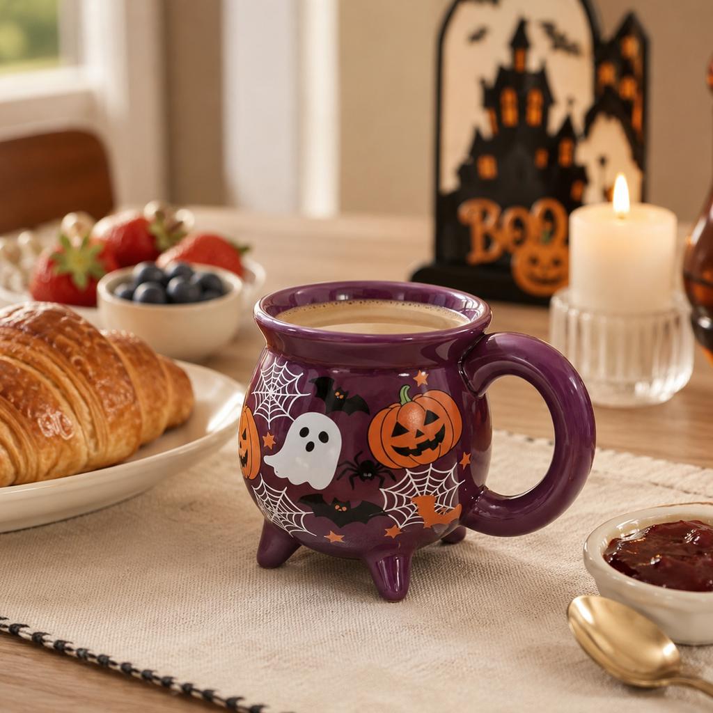 Taza de Cerámica de Halloween - Forma de Caldero Morado con Calabaza y Diseño, Vajilla para Fiestas Festivas, 12 oz