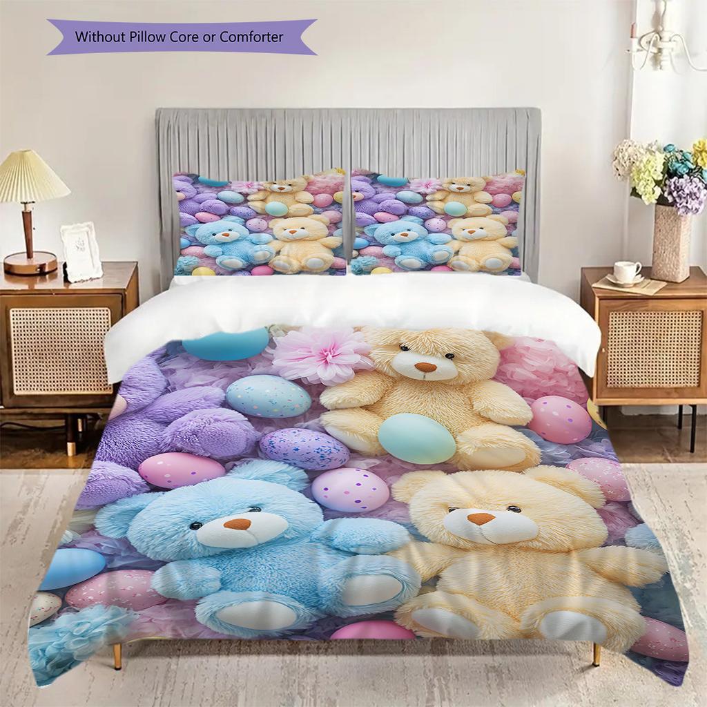 Teddy Bear Pattern Bedding Quilt Set Quilt Cover Pillowcase Home Decoration Birthday Gift (1 * duvet cover + 2 * pillowcase, without core)