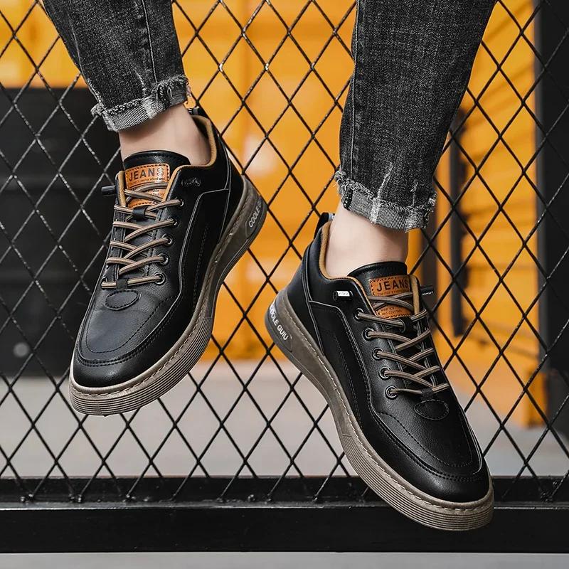 Casual Leather Shoes Men's Non-Slip Wear-Resistant Sports Shoes Fashion Solid Color Comfortable Flat Slip-On Casual Shoes Men