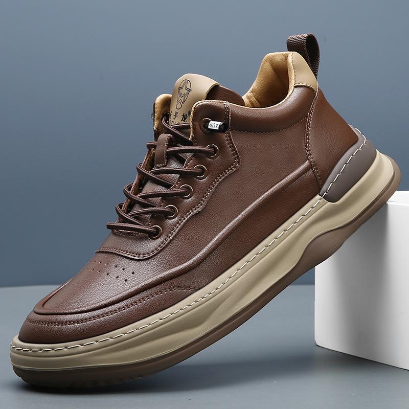 New leather board shoes men's high-top velvet thermal cotton shoes trendy versatile men's wide-headed casual shoes