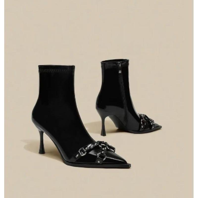 2026 New Woman Ankle Boot Pointed Toe High-heel Metal Stiletto Heels Leather Fashion Side Zipper Elegant Short Boot Women Shoes