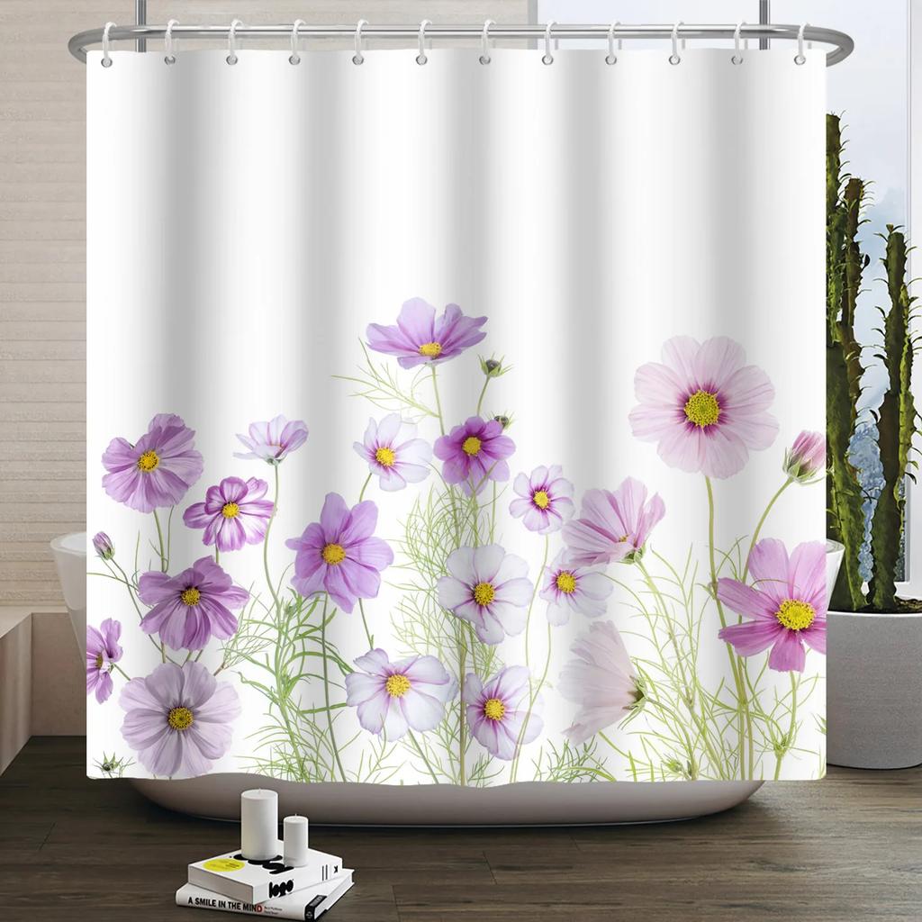 Watercolor Floral Shower Curtain for Bathroom Spring Elegant Flower Printed Bath Curtain Botanical Wildflower Bathroom Decor