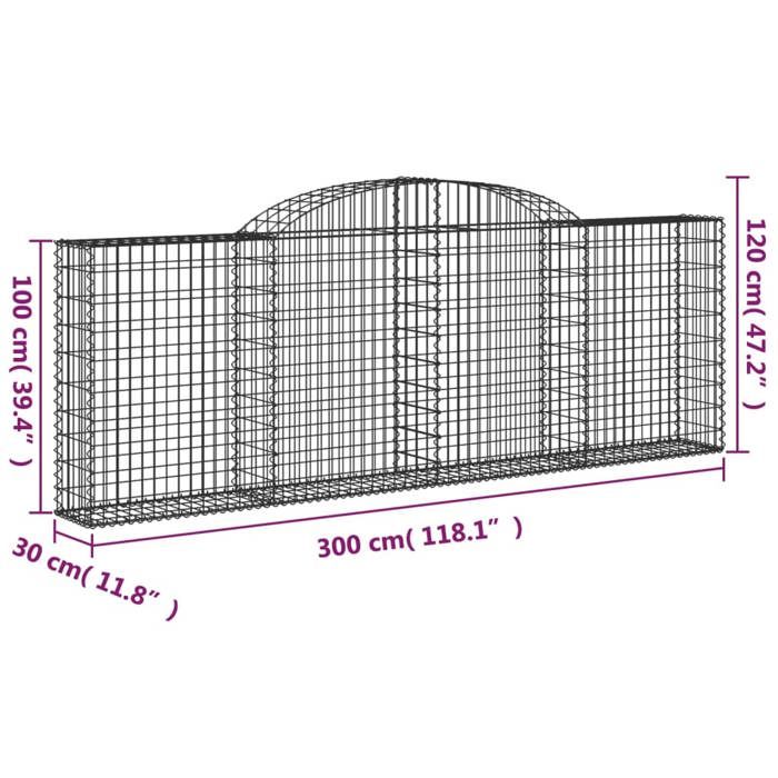 VidaXL Paniers à gabions arqués 8 pcs 300x30x100/120 cm fer galvanisé, gabion, cage de gabion, panier de mur de gabion, mur 3146527