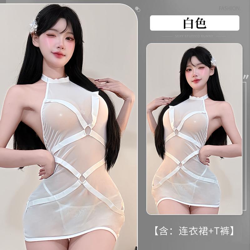 Sexy Hot Girl Mesh Patchwork One-Piece Tie Sleepwear See-Through Hip-Revealing Uniform Nightdress Dress Elegant Fashion AOF9