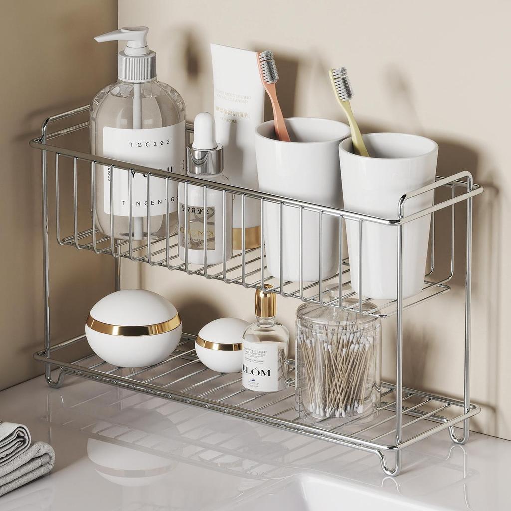 Stainless Steel Double Layer Kitchen Cutlery & Bathroom Drain Basket, Punch-Free Storage Rack for Cosmetics & Household Items
