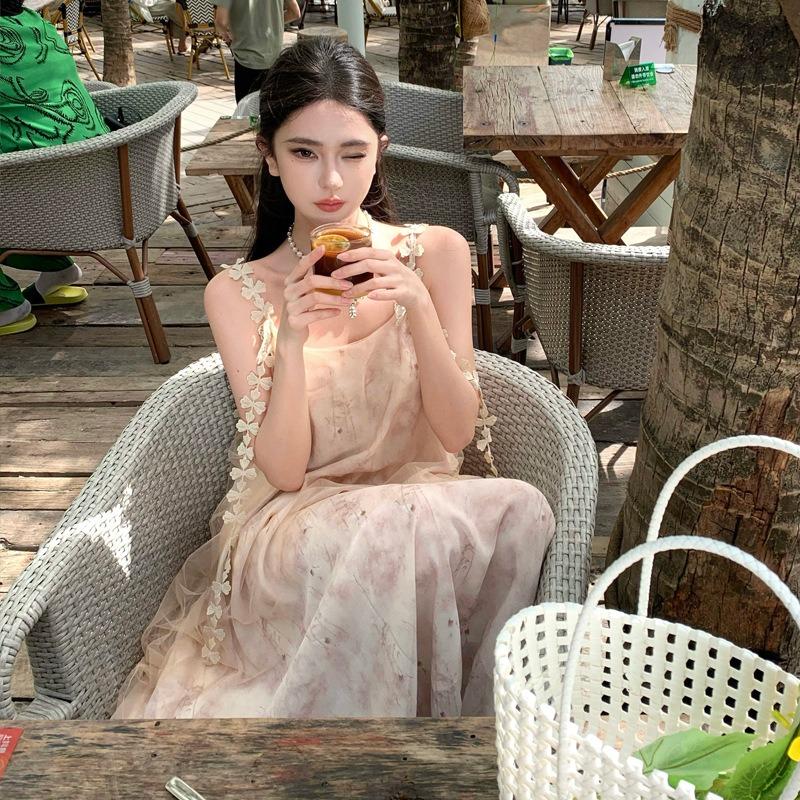 Seaside Vacation Beautiful Mesh Suspender Fake Two-piece Ink Printing Dress Streamer Temperament Loose Big Swing Dress