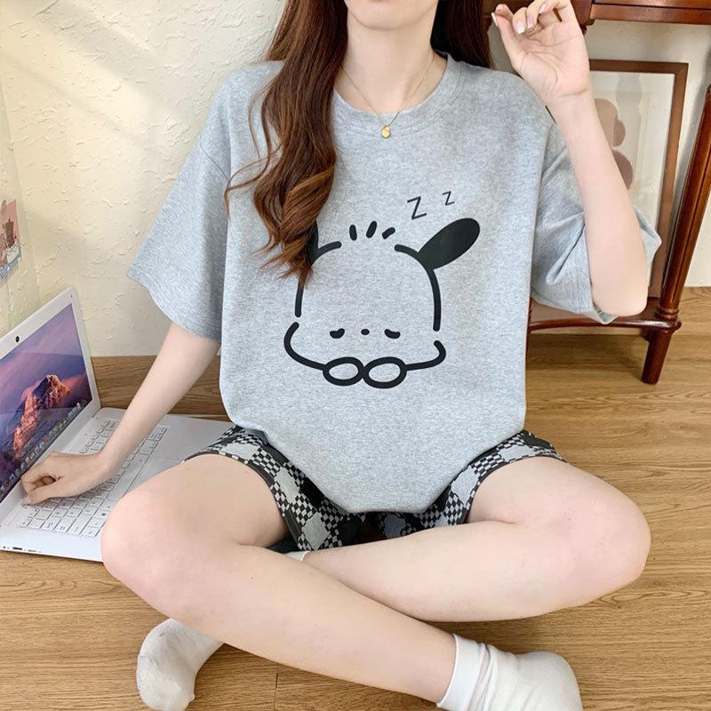 Summer comfortable crew neck pajamas for women, striped cartoon short-sleeve three-piece loungewear, in stock, direct order