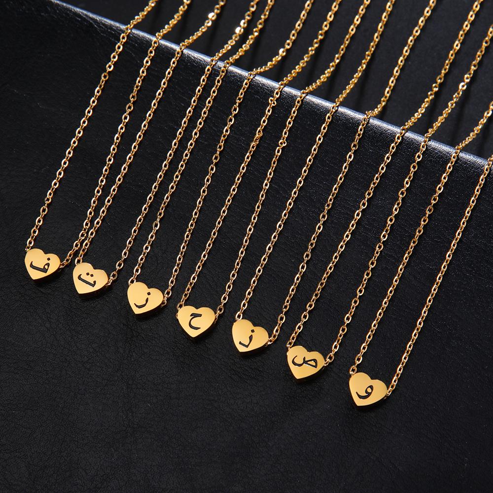 Cazador Arabic Letter Mini Heart Necklace for Women Stainless Steel Arab Alphabet Pendant Choker Chain Necklaces Jewelry 2026