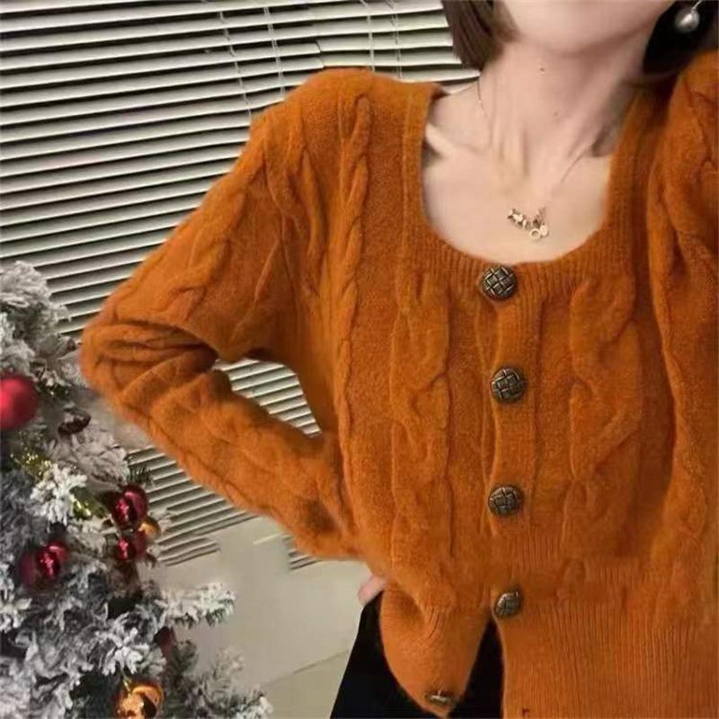 Twist square neck sweater women's loose and thin autumn new college style niche design knitted cardigan women