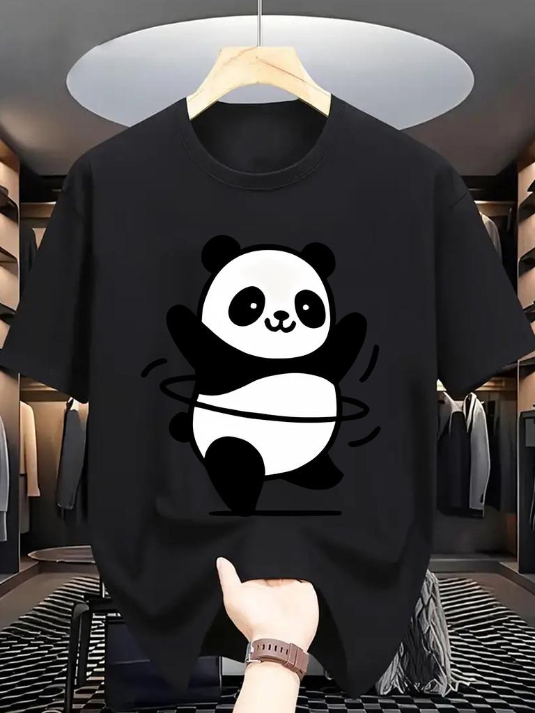 Cartoon Animal Unisex Short Sleeve Tshirt Happy Panda Spinning Hula Hoop Print O Neck Tee Lovely Pet Style Male Casual Fashion Tops