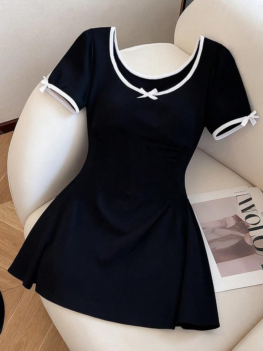 Women s Round Neck Short Sleeve Mini Dress Slim Fit Mid Waist Elegant Color Block Bow Flared Skirt XS