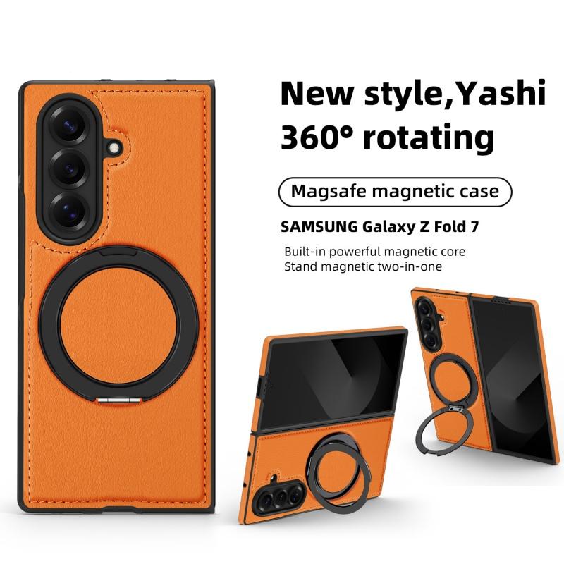 Für Samsung Galaxy Z Fold7 Fold6 Fold5 Fold4 Hülle Magsafe Magnetisch 360° Drehung Intelligenter Metallhalter Ständer Mattschwarze Lederhülle