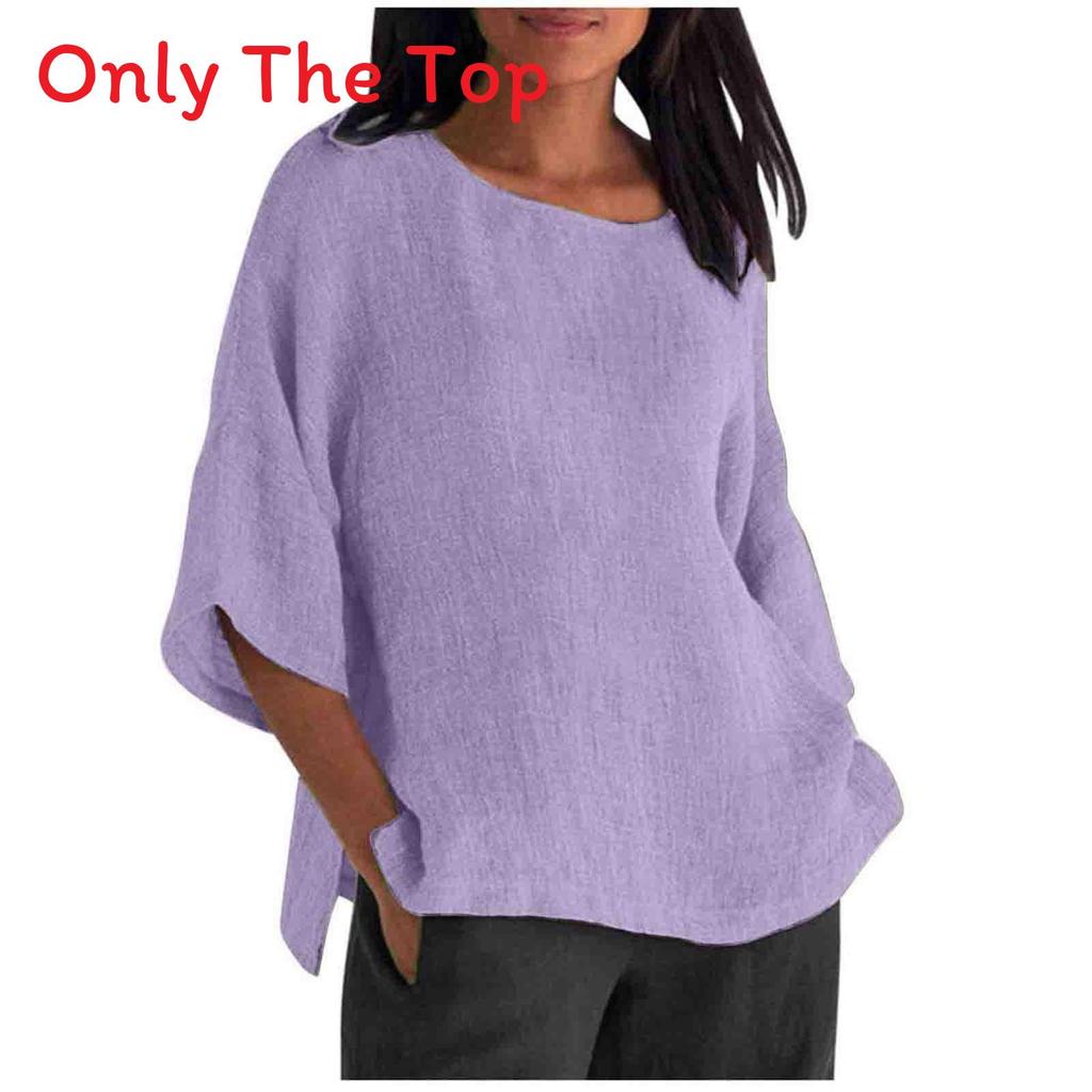 Cotton Linen Blouse For Women With Round Neck And Seven Quarter Sleeves For Casual Office Wear