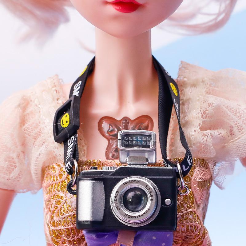 Smiling Plush Toy Dog with Webbing Strap and Sounding Cartoon Camera Pendant Necklace