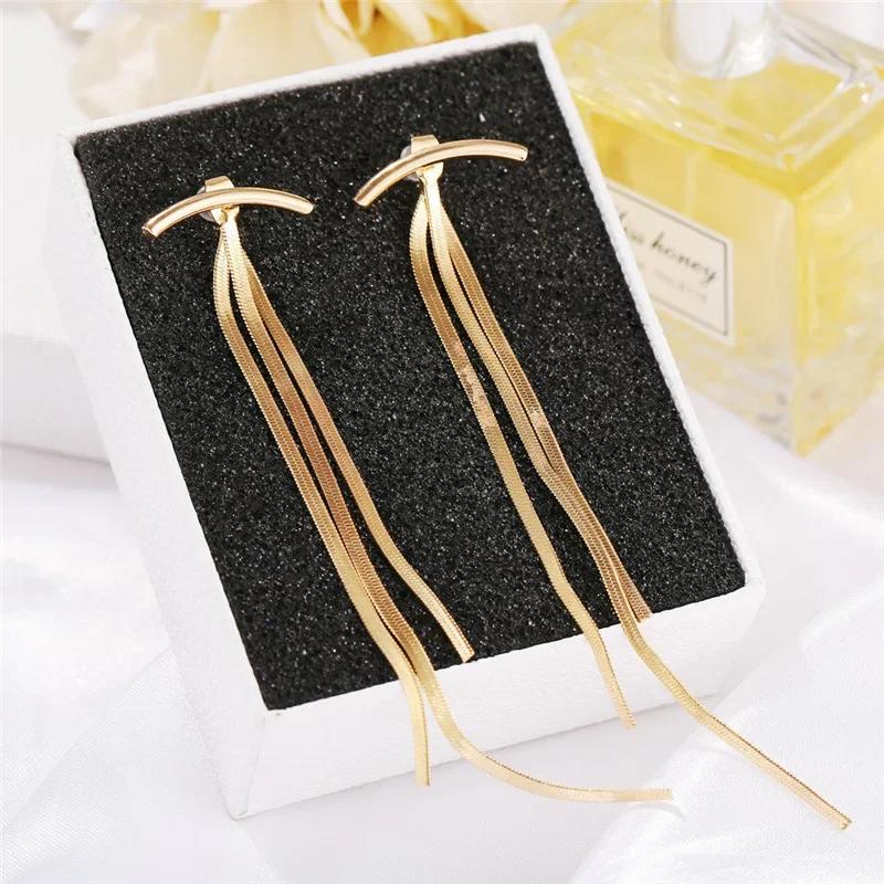 Vintage Long Gold Color Earrings Shiny Thread Tassel Drop Earrings For Women Luxury Hanging Korean Elegant Wedding Party Jewelry