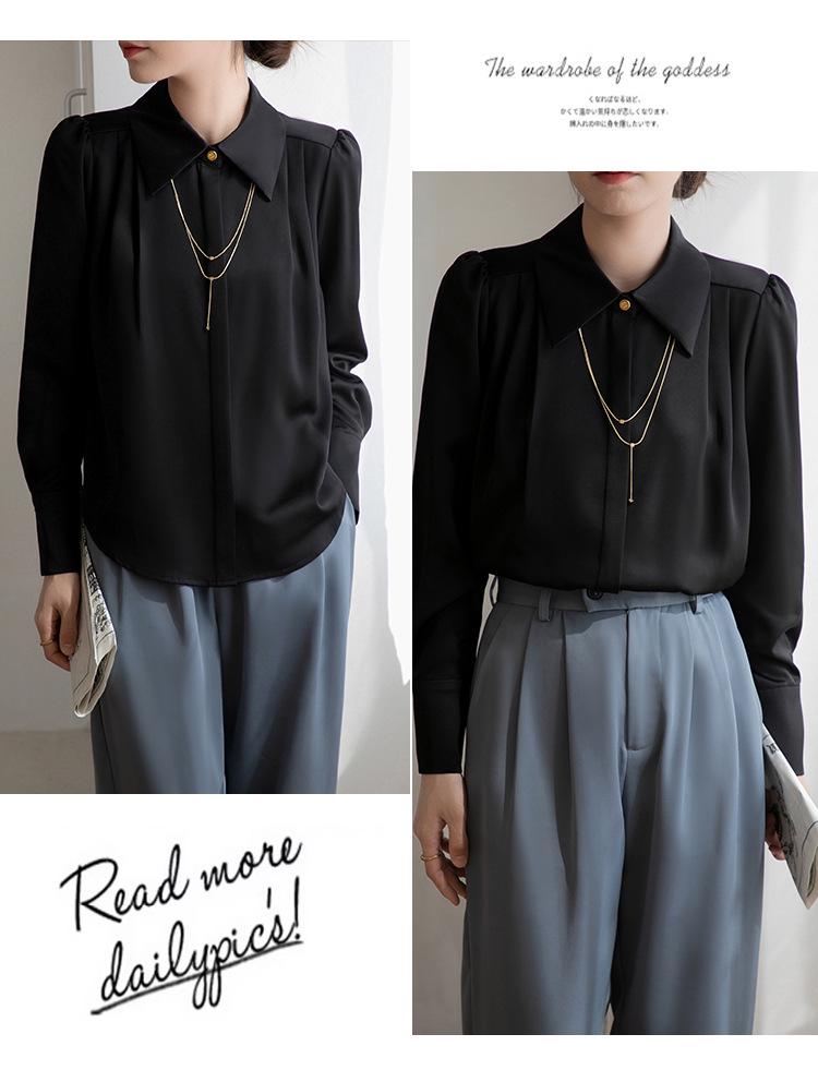 Women's 2025 Spring Satin Long-Sleeve French Drape Shirt for Professional Interviews