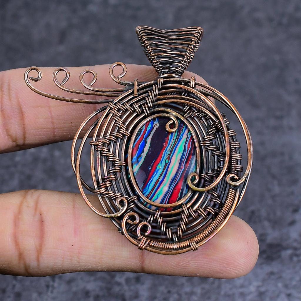 Natural Rainbow Calsilica Gemstone Copper Wire Wrap Jewelry Pendant 2.36" U8v18
