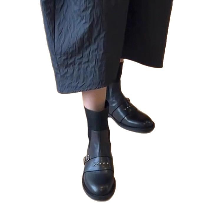 Sheepskin Version~ Fashion Retro Rivet Belt Buckle Splicing Elastic Thin Boots Women's Versatile Socks Boots Short Boots Martin Boots