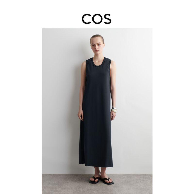 

Cos Women s Clothing Standard Cotton Pleated Long Dress 2025 Summer New 1277142004 Navy blue 155/80A((XS))