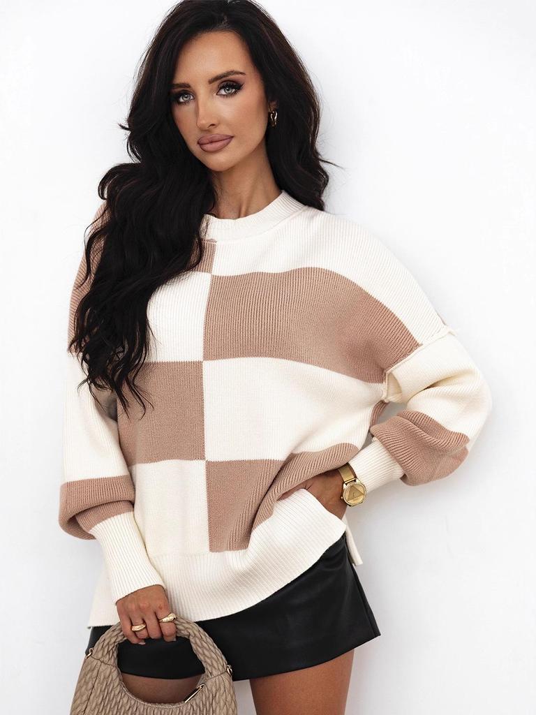 2025 Women's European & American Plaid Color Block Round Neck Sweater: Autumn/Winter Loose Drop Shoulder Knit Pullover