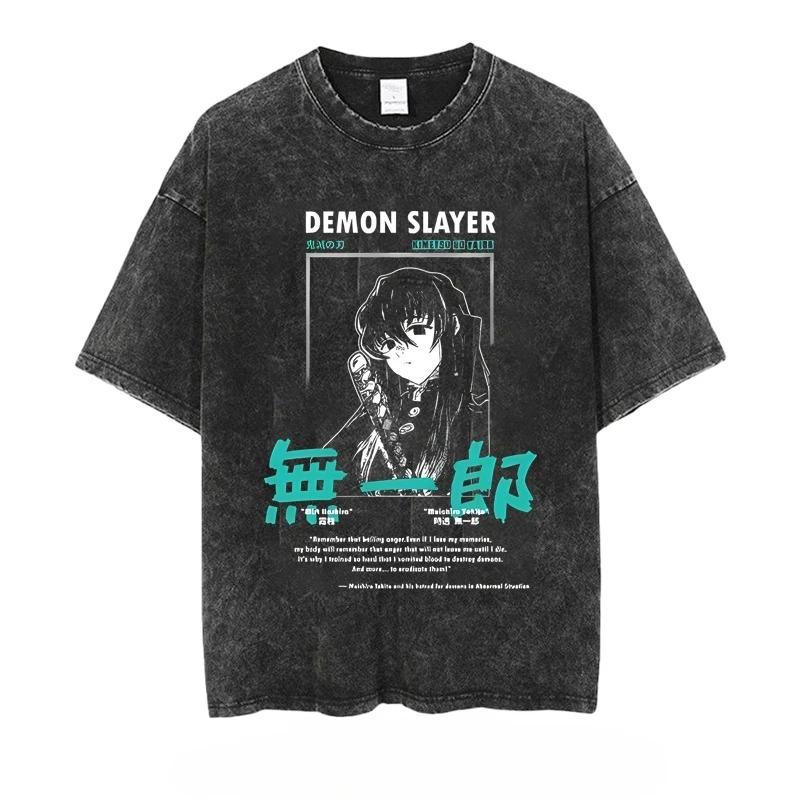 Men's T-shirt Anime Demon Slayer Printed Washed Vintage Loose Fit Women's Short-sleeved Tee Oversized Gym Y2k Clothes Top Summer