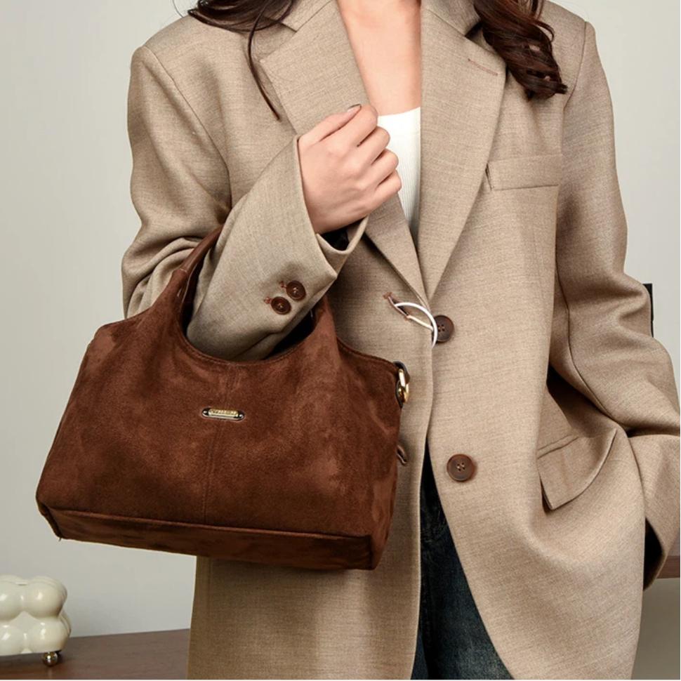 2025 New Large Capacity Suede Frosted Women's Handbag Retro Mom Bag Single Shoulder Crossbag Casual Simple Top-Handle Tote