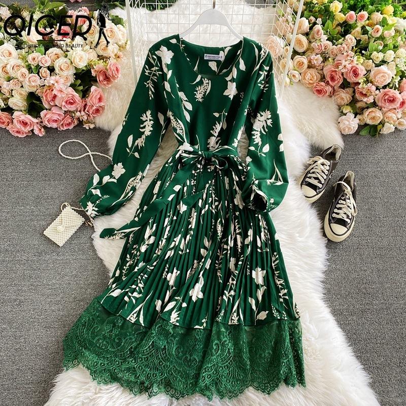 QICED 10 Color Retro Floral V-Neck Halter Waist Lace Dress Colored Fashion Long Dresses