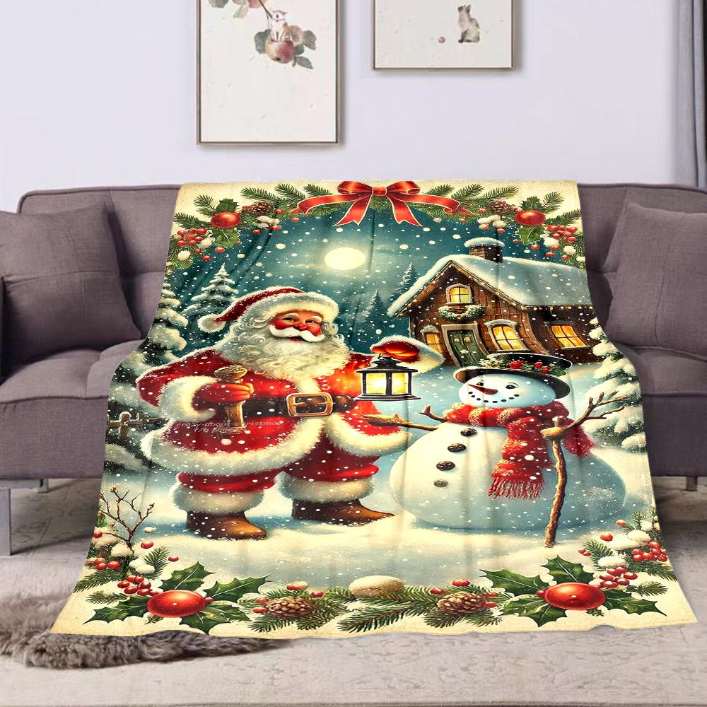 Santa and Snowman In Winter Wonderland Patterned Flannel Blanket Perfect for the Bedroom Living Room, Sofa, or a Little Nap