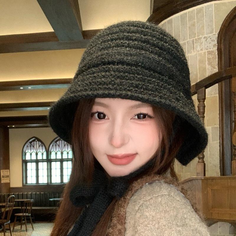 Knitted Bucket Hat Women Winter Warm Fisherman Hat Ear Tie Bow Crochet Solid Color Autumn Casual Outdoor Cap