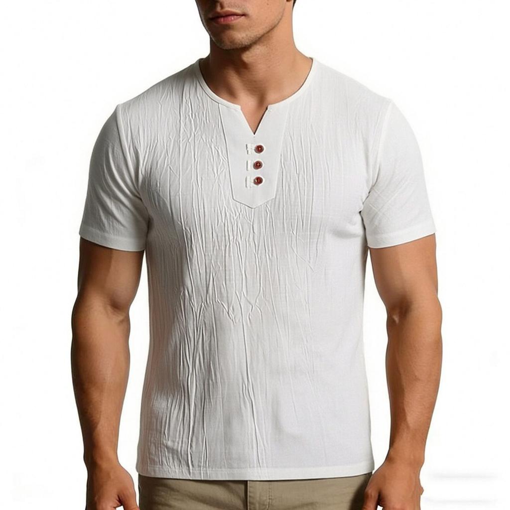 Men Chinese Style Retro Casual V Neck Short Sleeve Solid T Shirt