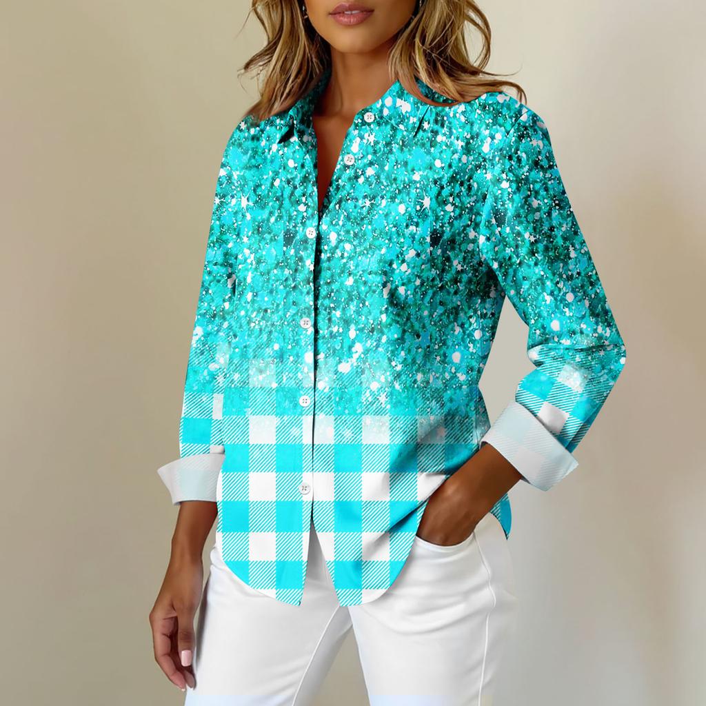 Damskjorta Blus Print Button Långärmad Casual Basic Skjorta Krage Vanlig topp