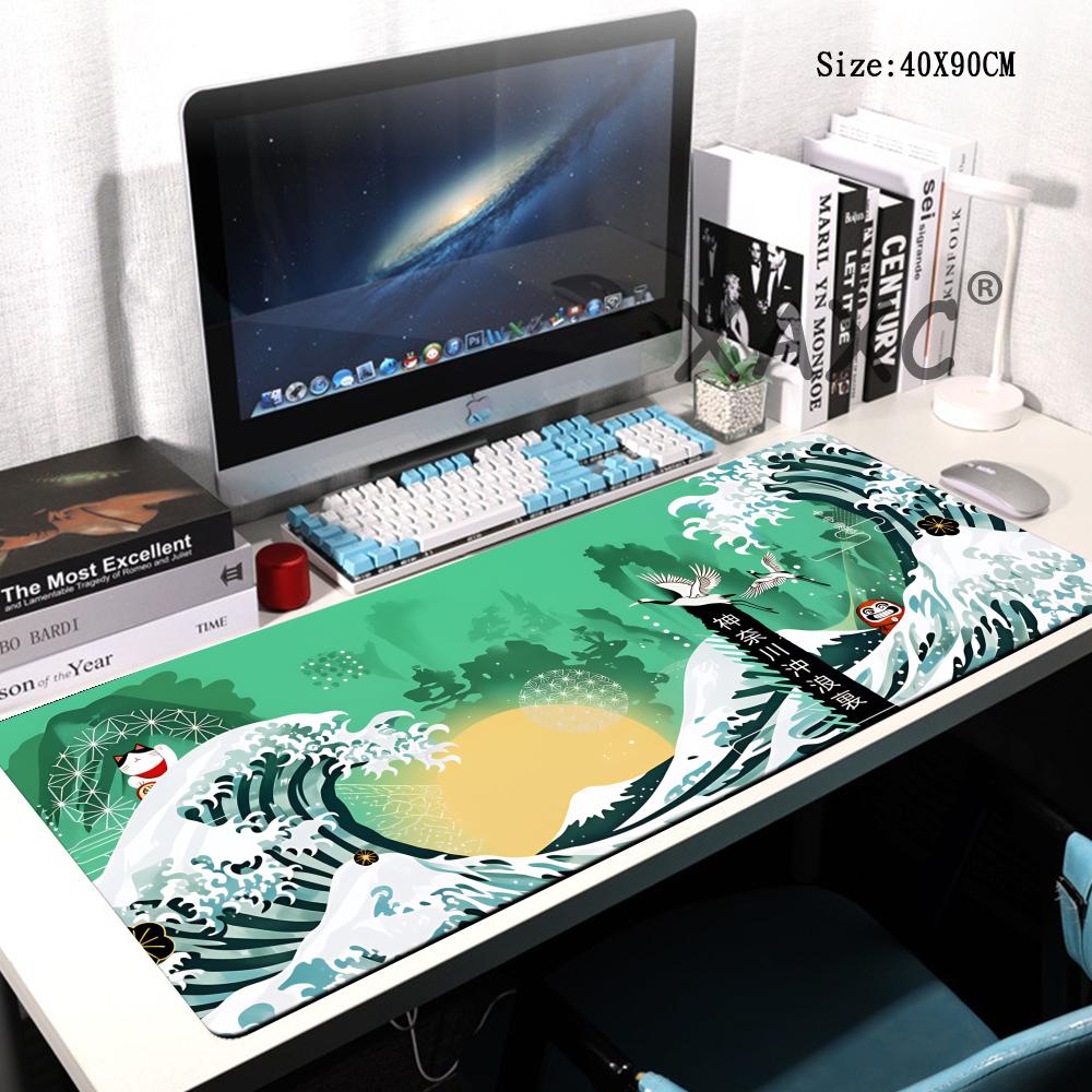 HYBXAXC Japan Kanagawa Deskmat Black Gaming Mouse Pad Gamer Keyboard Office Accessories for Deskpad Laptop Carpet Large Mousepad