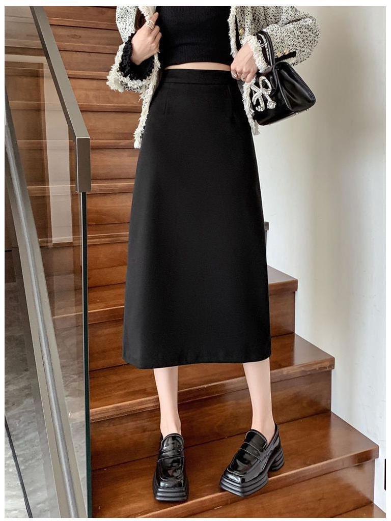 Women's 2025 Autumn Wool High-Waisted Mid-Length Pencil Skirt with Slit