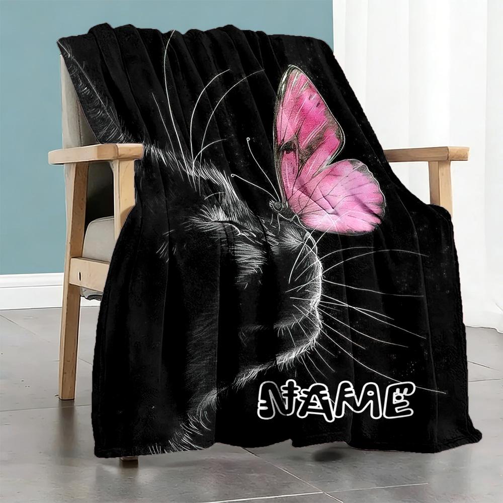 Black Cat Butterfly Personalized Text Blanket Gift Customizable Blanket Comfortable Perfect for Living Room Nap Office Chair Sofa Ideal for All Season