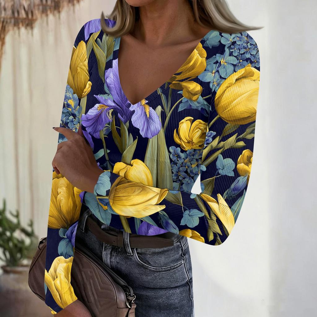 Women's Casual V-Neck Floral Print Long Sleeve Ribbed Top for Everyday Wear