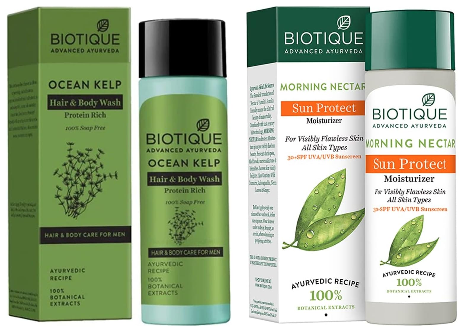 Biotique Bio Sea Kelp Protein Hair and Body Wash for Men, 120ml & Biotique Morning Nectar Sun Protect Moisturizer Lotion For Visibly Flawless Skin